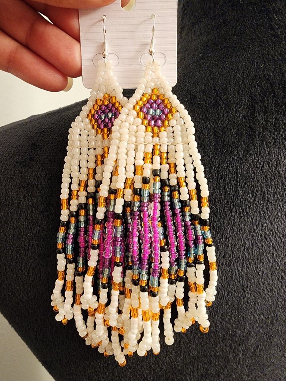 Handmade White Multicolor Beaded Fringe Statement Earrings